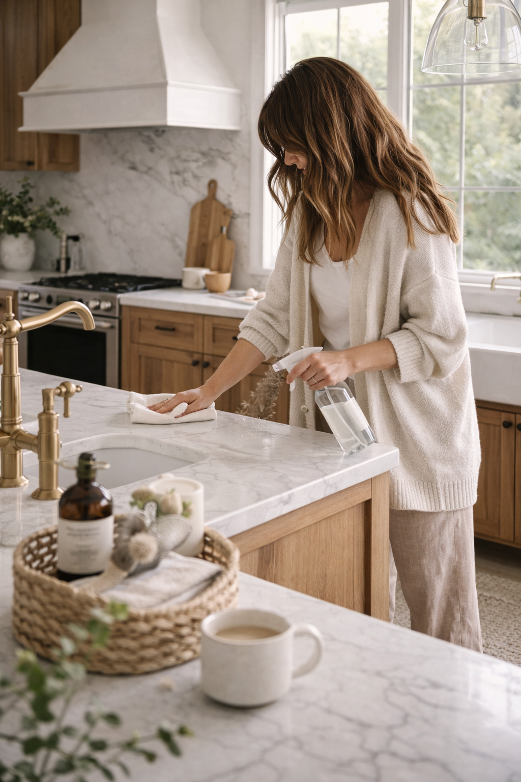 Sunday reset routine in a warm neutral kitchen