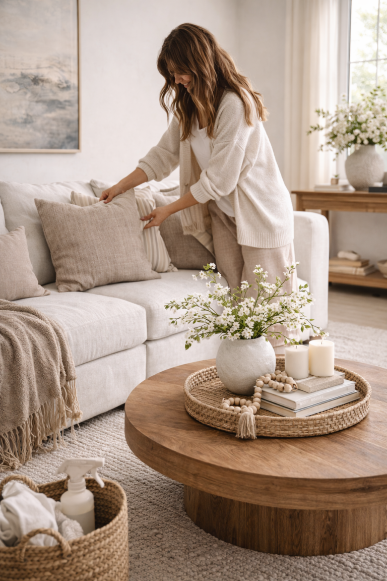 Woman fluffing pillows in neutral organic modern living room with soft decor, wood coffee table, and fresh greenery
