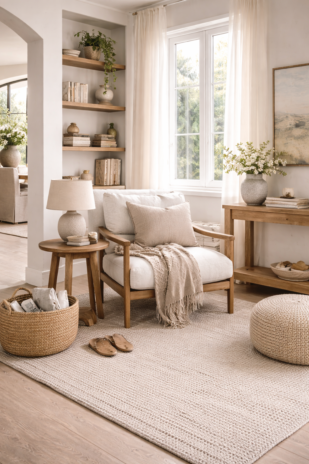 Organic modern reading nook styled as a retreat zone in a spring reset