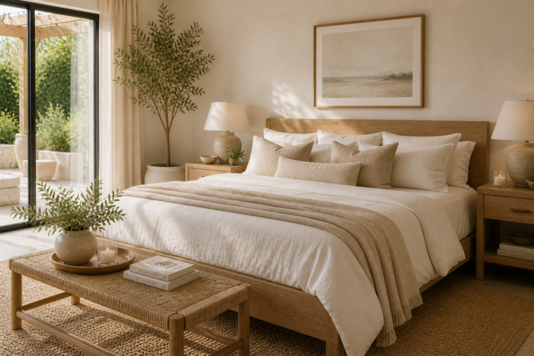 calm organic modern bedroom with neutral linen bedding, wood bed frame, soft textures, and natural light for a light airy summer look