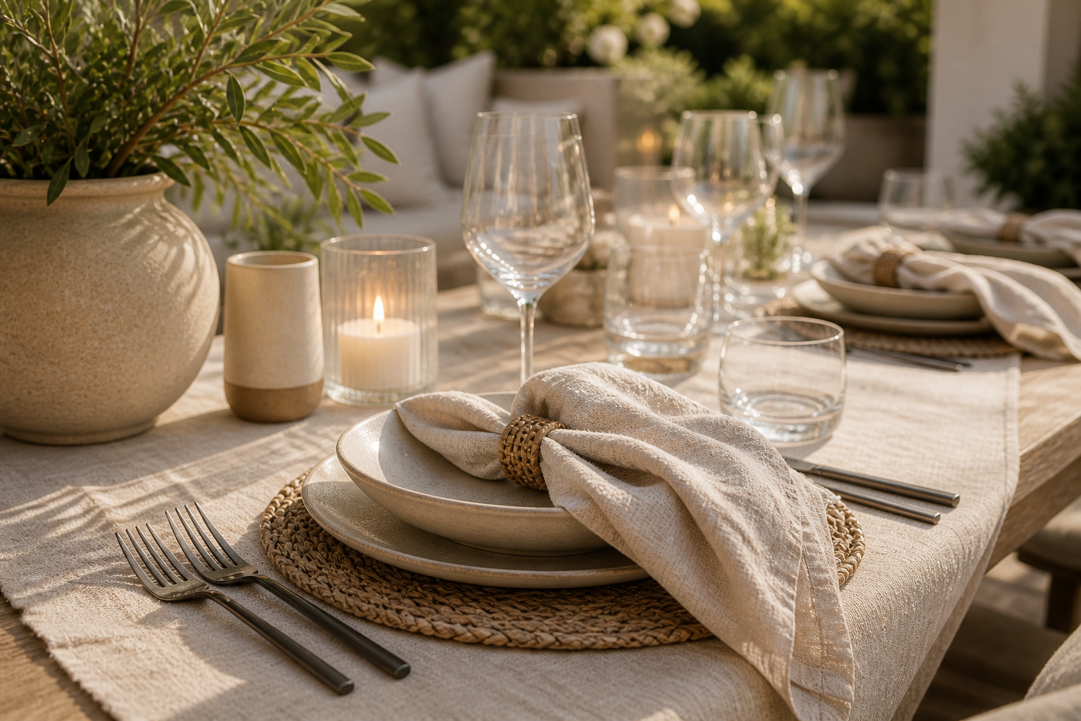 Close-up of elevated summer outdoor table setting with neutral linen, ceramic plates, glassware, candles, and warm natural light