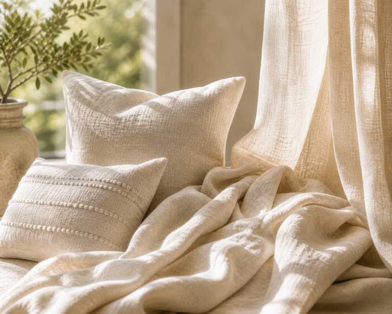 soft neutral linen textures with pillows, throw blanket, and sheer curtains in a light airy organic modern home