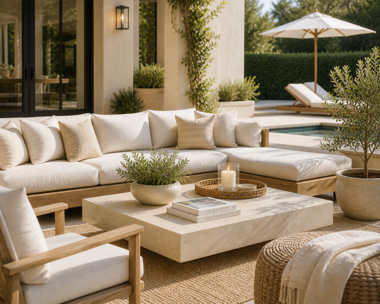 neutral outdoor lounge patio with sectional seating, stone coffee table, poolside view, and organic modern styling in a luxury backyard