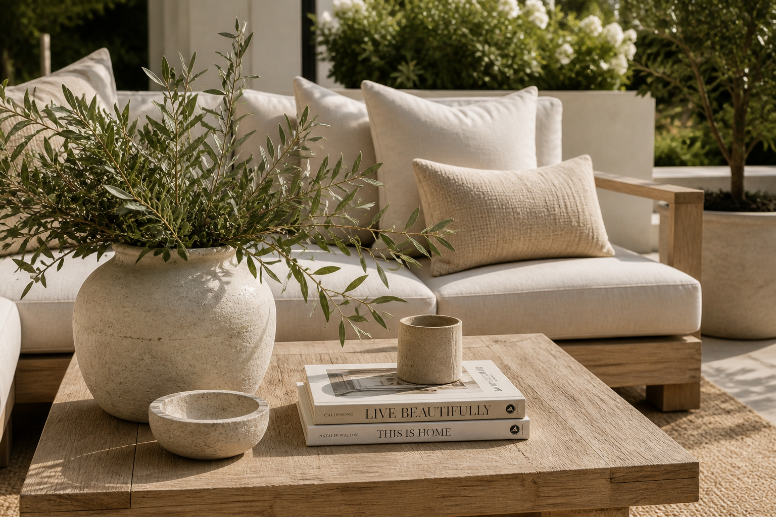 Organic modern outdoor patio detail with linen pillows, light wood table, ceramic vase, greenery, design books, and soft sunlight