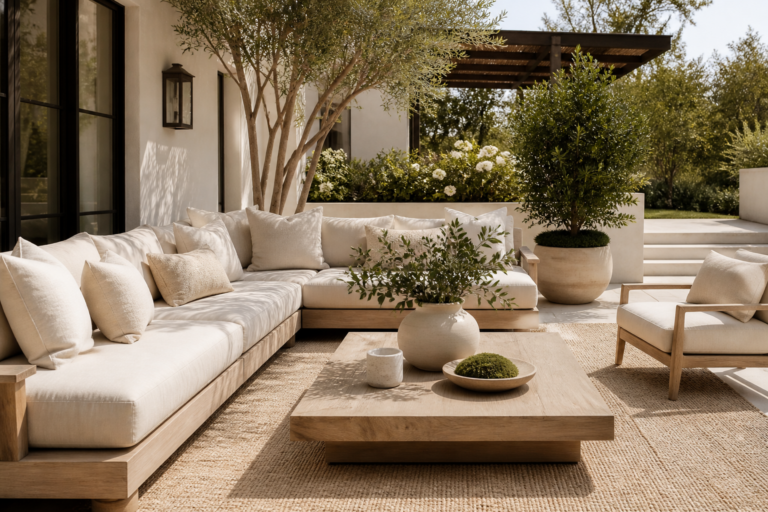 organic modern outdoor patio with neutral linen sofa, wood coffee table, and soft beige cushions in a luxury backyard setting
