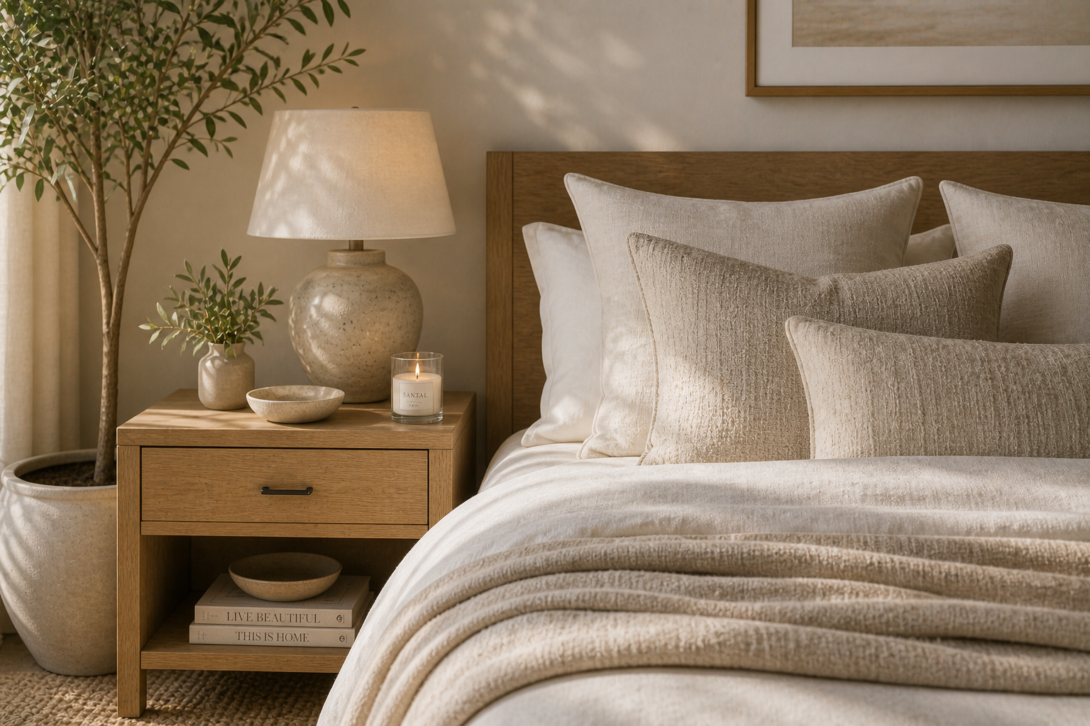 calm summer bedroom with linen bedding neutral tones organic modern design