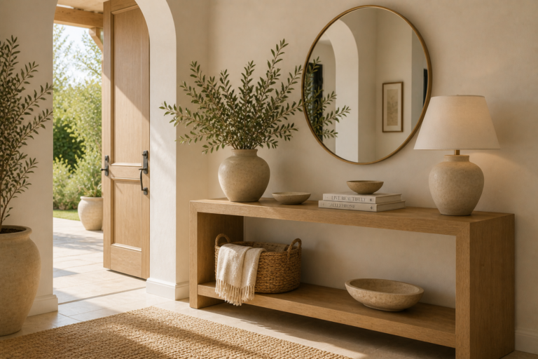 organic modern entryway with wood console table, round mirror, ceramic decor, greenery, and neutral tones in a light airy space
