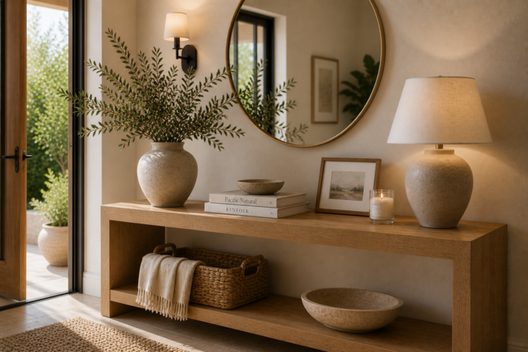 organic modern entryway console styling with neutral decor, round mirror, ceramic lamp, greenery, and warm wood tones