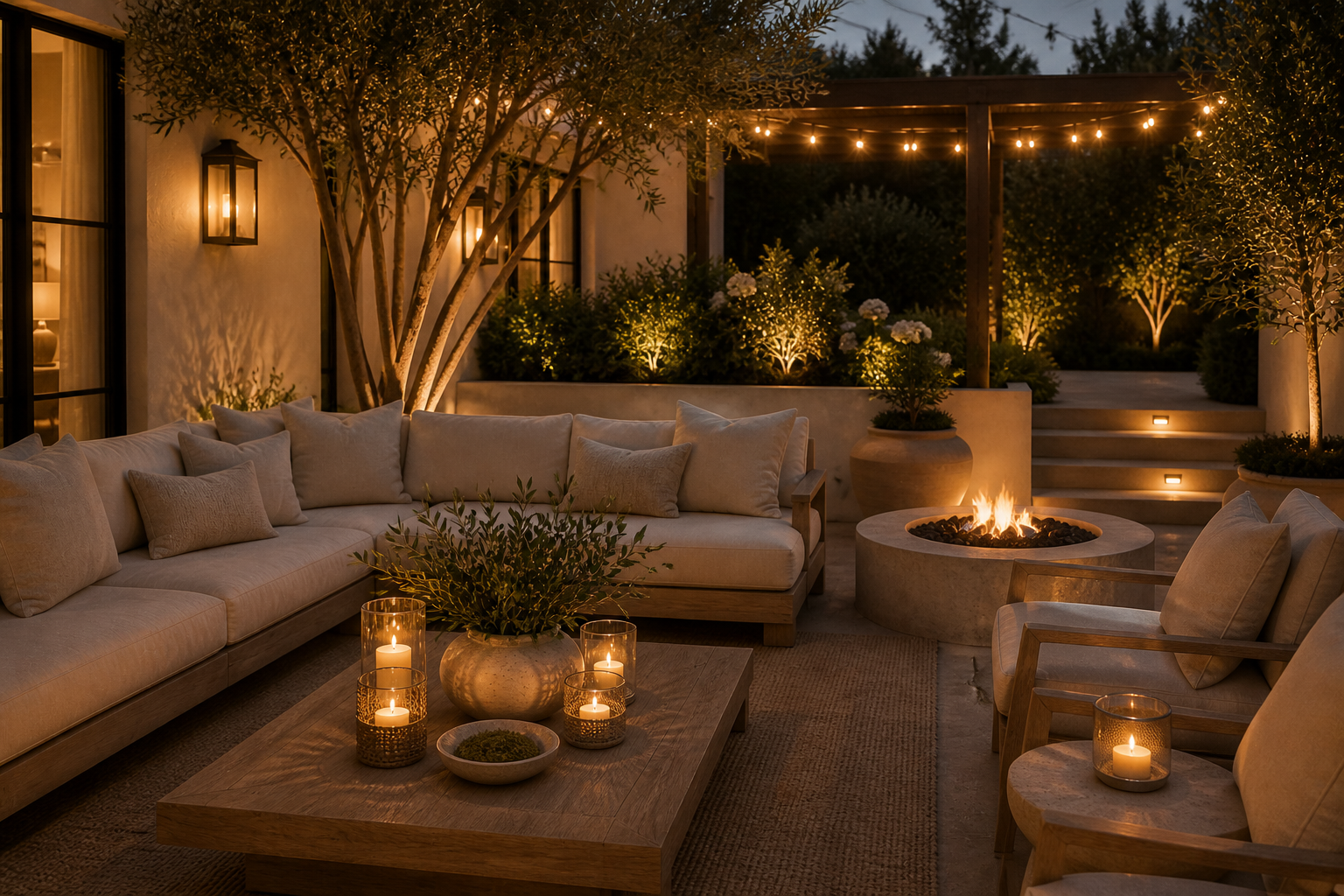 Luxury outdoor patio at night with candles, warm lighting, neutral seating, and cozy resort-style ambience