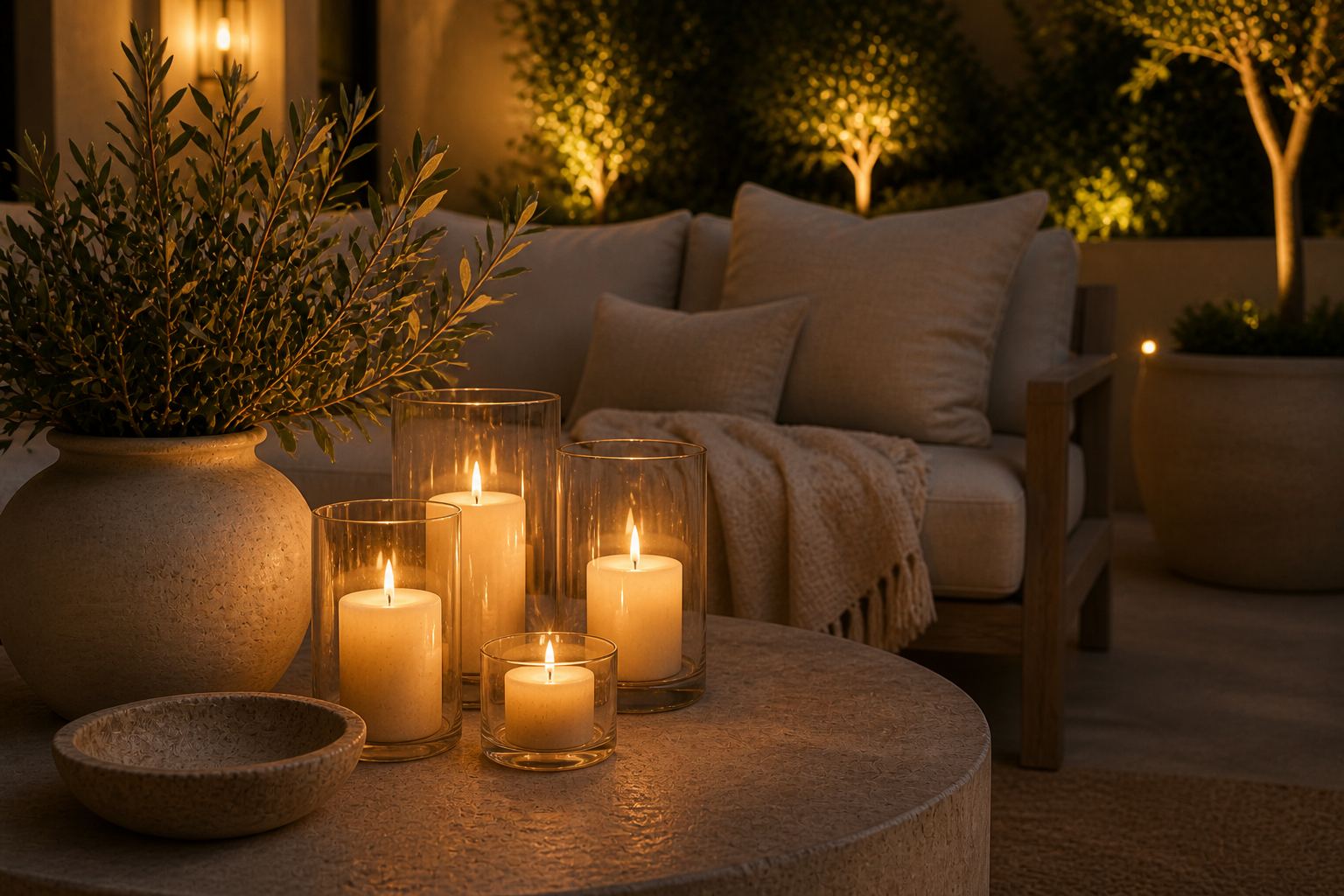 Outdoor candlelit patio detail with neutral textures, soft glow lighting, and cozy ambiance