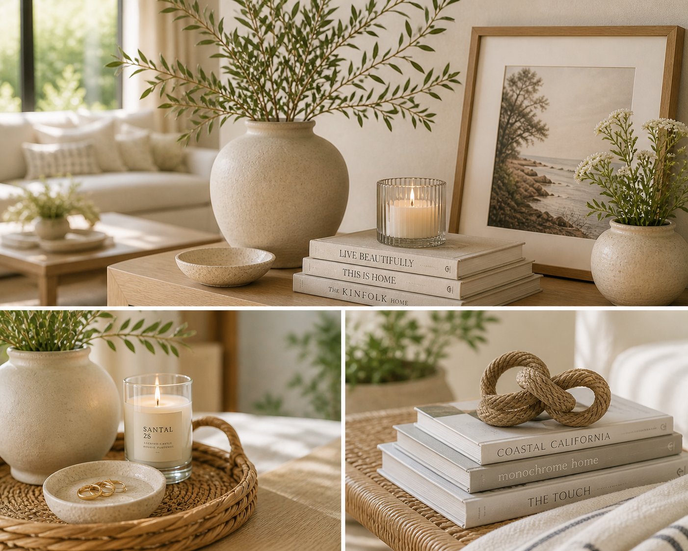 Minimalist organic modern room with warm neutral decor, soft sunlight, light wood accents, and clean summer styling