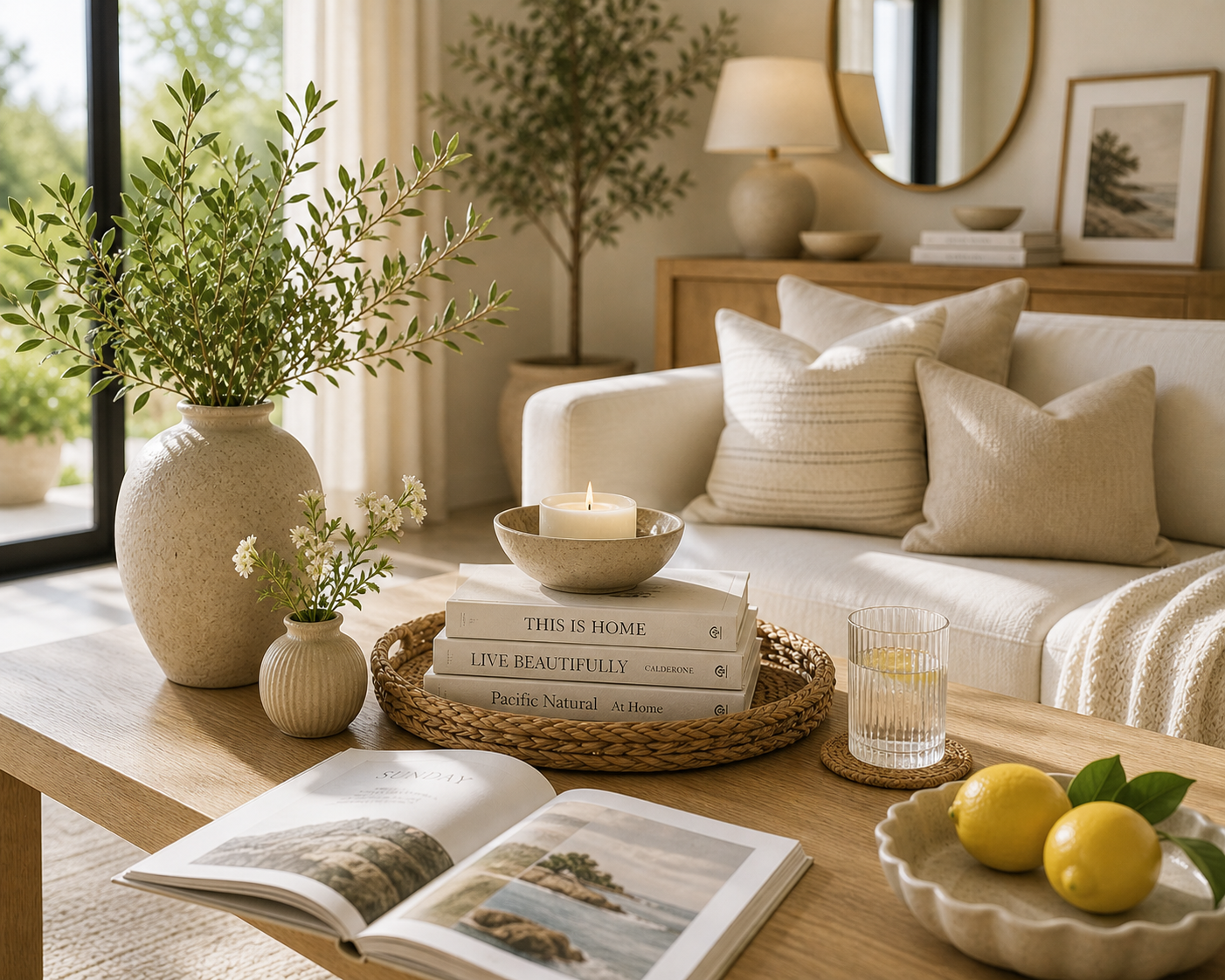 Organized organic modern shelf styling with neutral decor, books, ceramics, greenery, and soft natural light